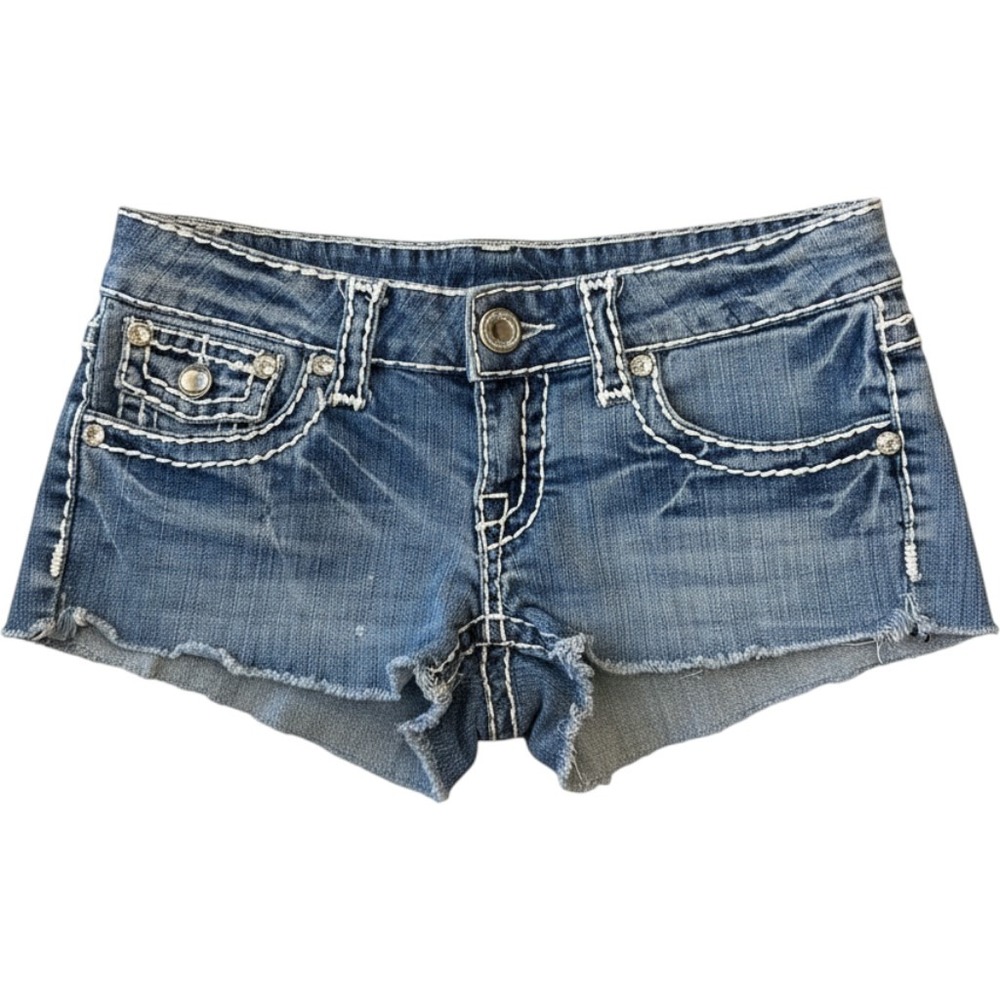 LA Idol USA Women Denim Cutoff Shorts Blue Contrast Stitch Crystal Size S Y2K